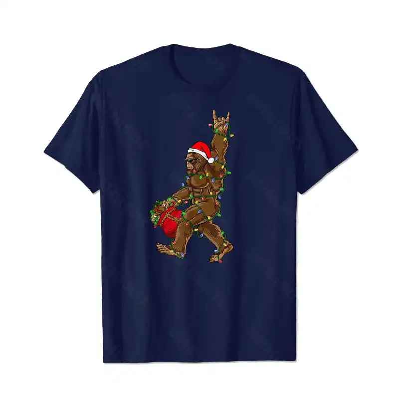 Santa Bigfoot Christmas Lights Rock Funny Sasquatch Lovers Men T-Shirts, Plus Size Short Sleeve T Shirt for Men Big and Tall Men Tees Shirts