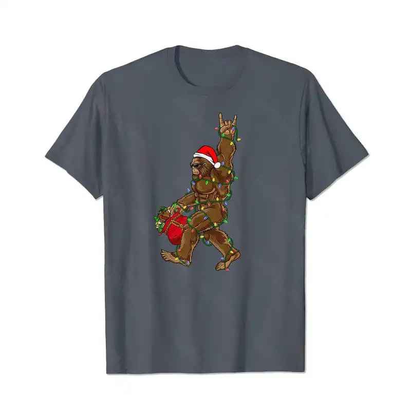 Santa Bigfoot Christmas Lights Rock Funny Sasquatch Lovers Men T-Shirts, Plus Size Short Sleeve T Shirt for Men Big and Tall Men Tees Shirts