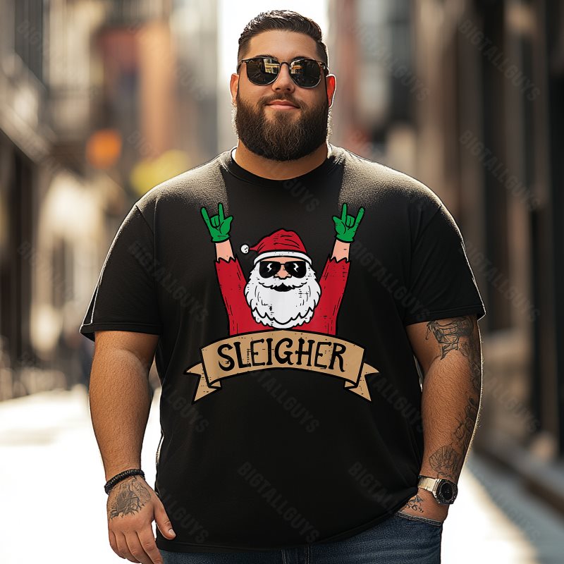 Christmas Sleigher Santa Rock Xmas Men T-Shirts, Plus Size Short Sleeve T Shirt for Men Big and Tall Men Tees Shirts