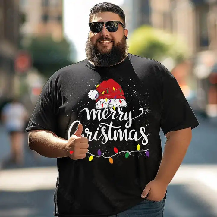 Merry Christmas Lights Red Santa Hat Xmas Men T-Shirts, Plus Size Short Sleeve T Shirt for Men Big and Tall Men Tees Shirts
