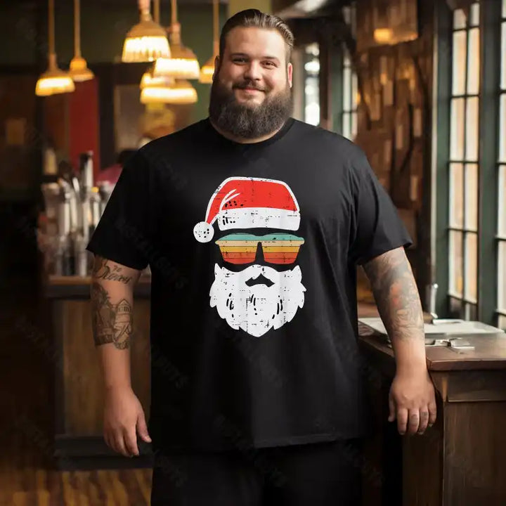 Santa Face Retro Sunglasses Christmas Xmas Men T-Shirts, Plus Size Short Sleeve T Shirt for Men Big and Tall Men Tees Shirts
