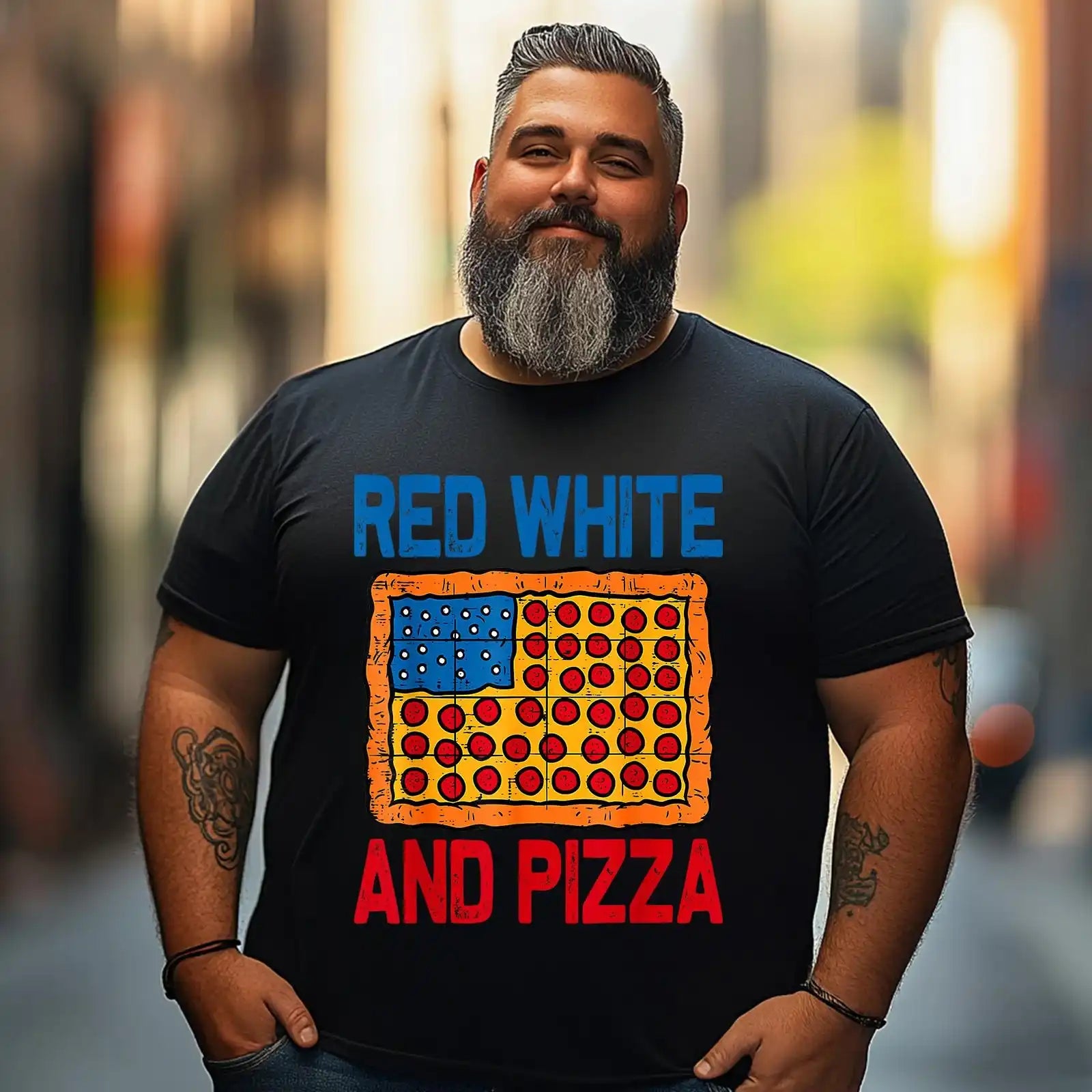 Red White & Pizza American Flag Patriotic 4th Of July Men T Shirts Big and Tall Men Shirts Plus Size Short Sleeve Fashion Casual T Shirt Graphic Tee Shirts Tshirts - BigTallGuys