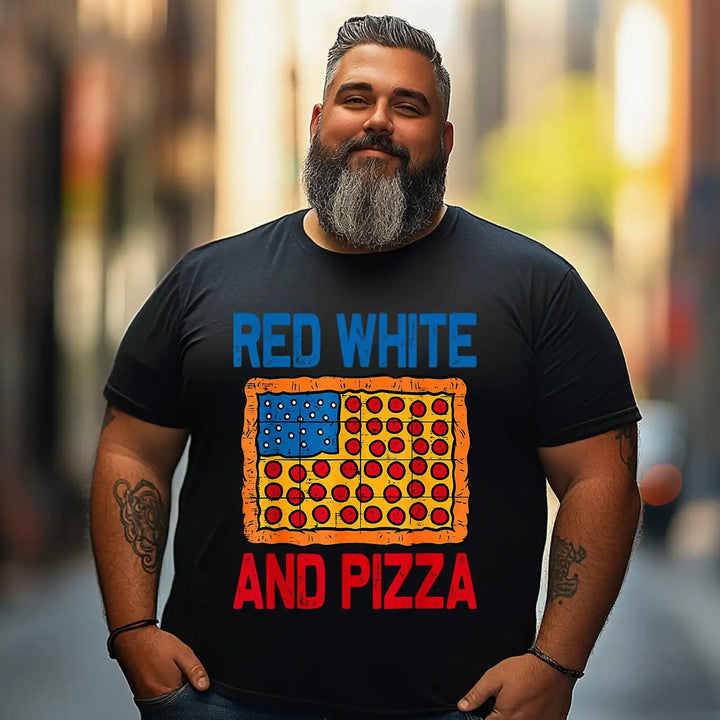 Red White & Pizza American Flag Patriotic 4th Of July Men T Shirts Big and Tall Men Shirts Plus Size Short Sleeve Fashion Casual T Shirt Graphic Tee Shirts Tshirts