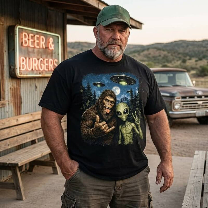 Bigfoot & Alien Selfie Sasquatch T Shirts for Men