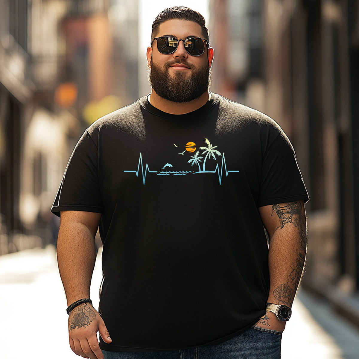 Heartbeat with Tropical Palm Trees Beach Island Sunset Men T Shirts Big and Tall Men Shirts Plus Size Short Sleeve Fashion Casual T Shirt Graphic Tee Shirts Tshirts
