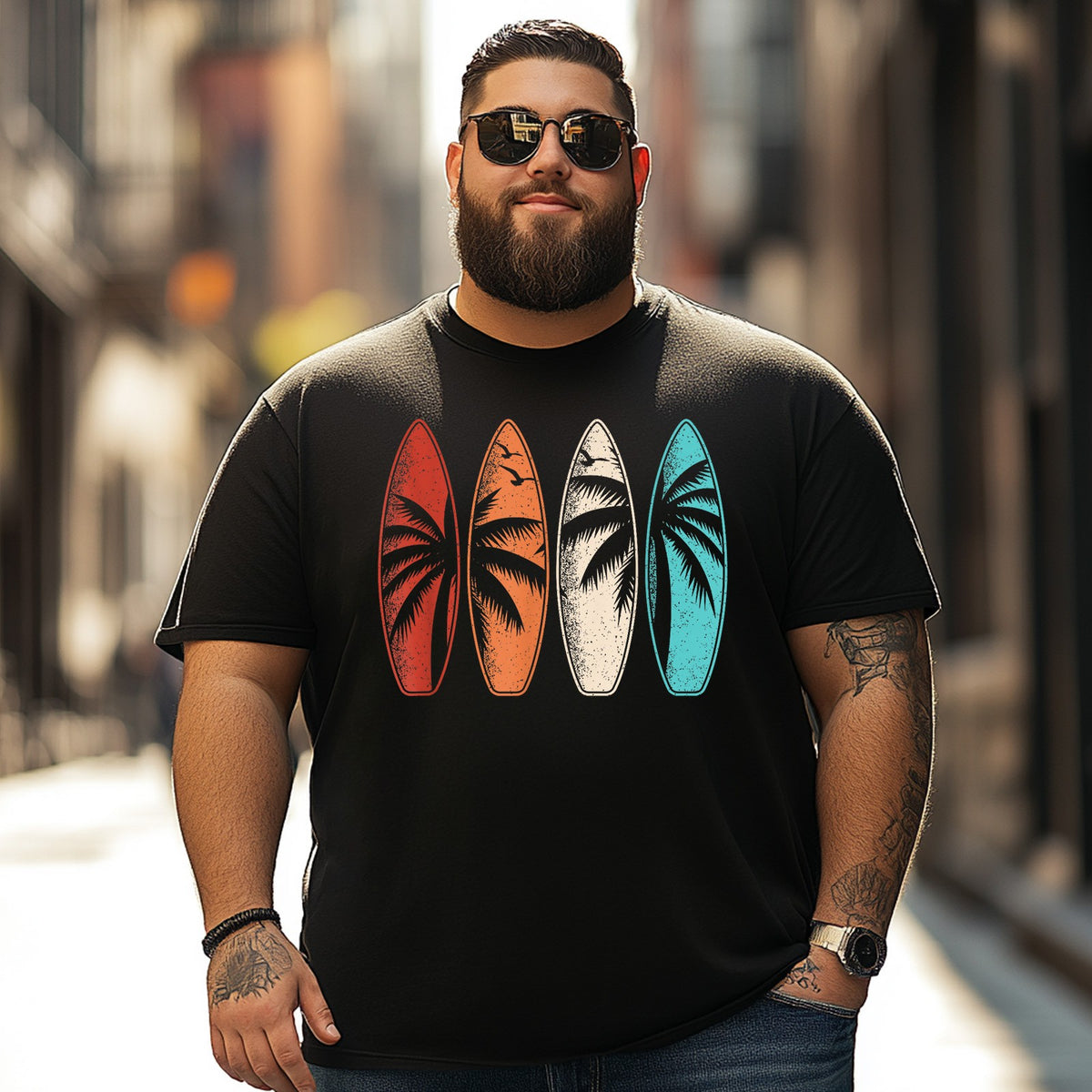 Tropical Hawaii Palm Tree Surfing Beach Surfboard Retro Surf Men T Shirts Big and Tall Men Shirts Plus Size Short Sleeve Fashion Casual T Shirt Graphic Tee Shirts Tshirts