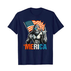 Bigfoot Merica Rock American Flag Patriotic 4th Of July Men T Shirts Big and Tall Men Shirts Plus Size Short Sleeve Fashion Casual T Shirt Graphic Tee Shirts Tshirts - BigTallGuys