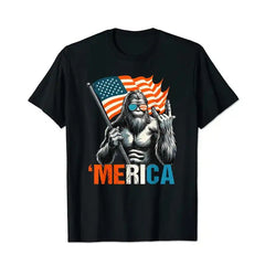 Bigfoot Merica Rock American Flag Patriotic 4th Of July Men T Shirts Big and Tall Men Shirts Plus Size Short Sleeve Fashion Casual T Shirt Graphic Tee Shirts Tshirts - BigTallGuys