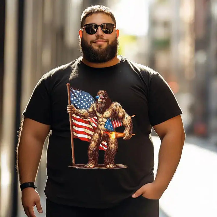 Bigfoot Fireworks 4th of July Men Sasquatch American US Flag Patriotic Men T Shirts Big and Tall Men Shirts Plus Size Short Sleeve Fashion Casual T Shirt Graphic Tee Shirts Tshirts