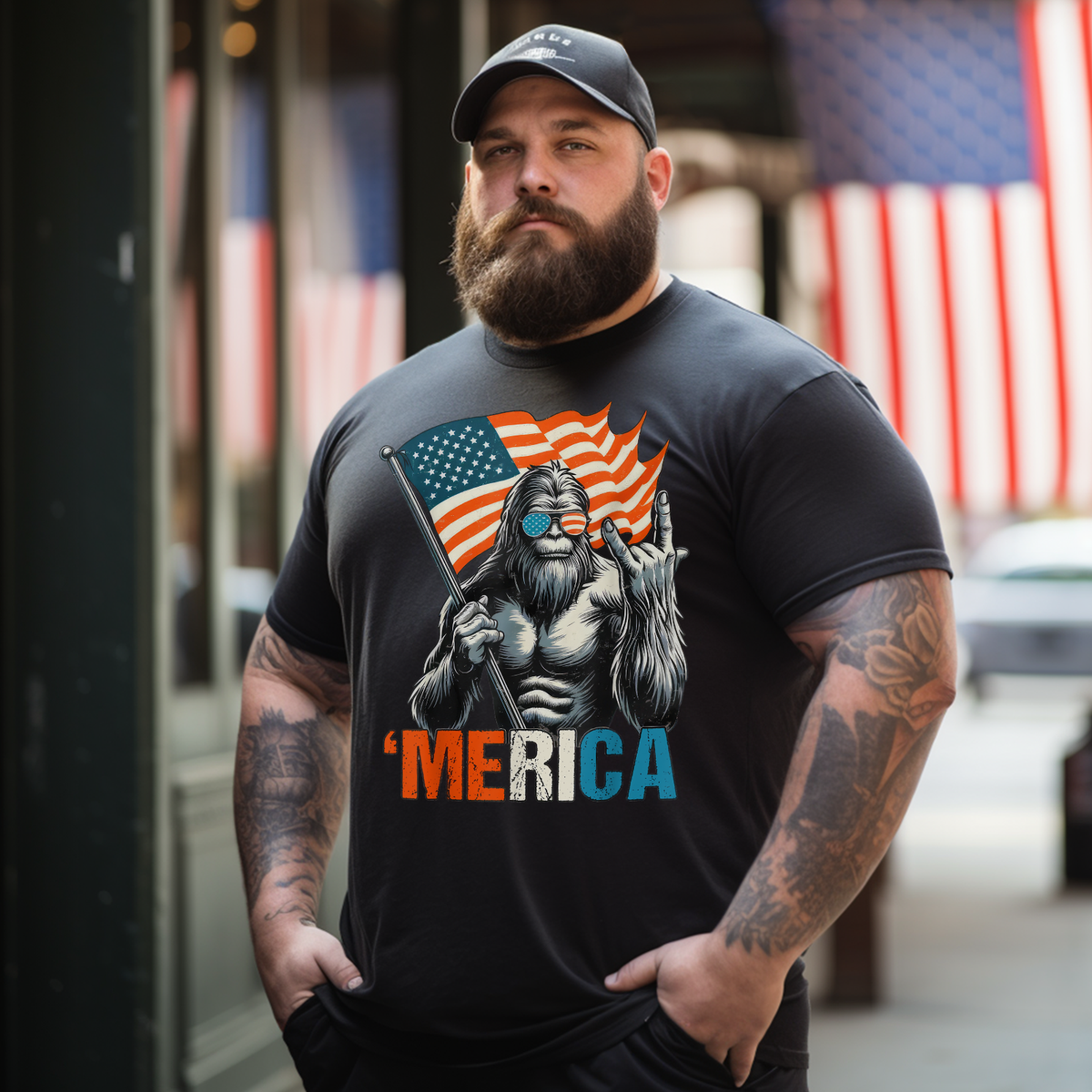Bigfoot Merica Rock American Flag Patriotic 4th Of July Men T Shirts Big and Tall Men Shirts Plus Size Short Sleeve Fashion Casual T Shirt Graphic Tee Shirts Tshirts