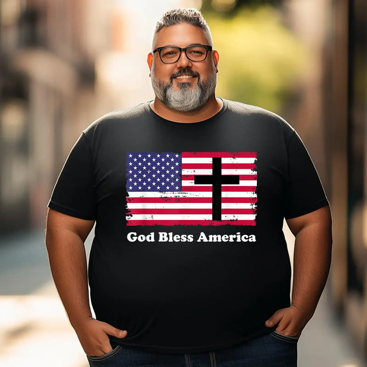 God Bless America Patriotic Flag with Cross Men T Shirts Big and Tall Men Shirts Plus Size Short Sleeve Fashion Casual T Shirt Graphic Tee Shirts Tshirts